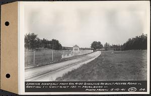 Contract No. 130, Grading, Loaming, and Grassing Vicinity of Shaft 4, Pressure Aqueduct, Southborough, and Improvement of Access Roads to the Intake Works and at Norumbega Reservoir, Marlborough, Southborough, Weston, looking westerly from Sta. 4+00 showing rebuilt MDC access road, Section 1, Marlborough, Mass., May 16, 1941