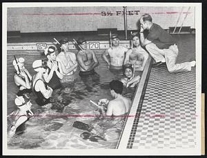 Diving--sunday Pointer on Underwater Breathing is given by instructor Frank Sanger to members of a skin and scuba diving class at Boston YWCA pool on Clarendon street.