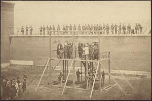 The execution of Mrs. Surratt and the Lincoln assassination conspirators, (adjusting the noose)