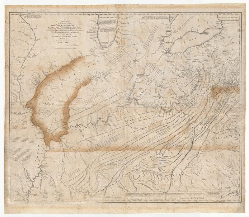 A new map of the western parts of Virginia, Pennsylvania, Maryland and North Carolina comprehending the river Ohio, and all the rivers, which fall into it, part of the river Mississippi, the whole of the Illinois River, Lake Erie part of the lakes Huron, Michigan &c. and all the country bordering on these lakes and rivers