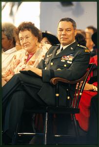 Cambridge, MA Harvard U 1993: Gen. Colin Powell sits next to Julia Child at commencement