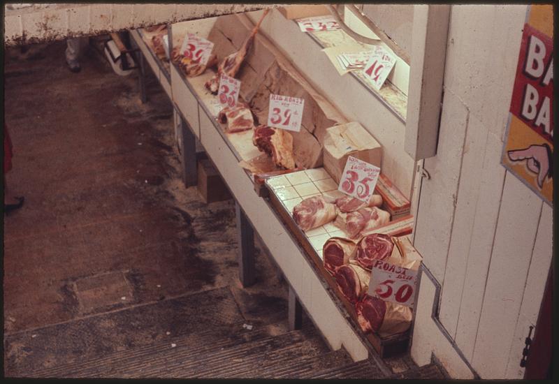 Meat and price tags on shelf