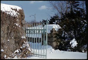 Winter scene of open gate, Arnold Arboretum