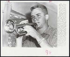 Soothes Track Star's Nerves--Dave Sime, Duke University's sprint star, turns to music for the relaxation he considers the key to his record-breaking feats on the cinder tracks. Here he plays the trumpet in his room. "It soothes my nerves," he says. He also uses a little bit of yogi to help relax and avoid tension. This spring he has beaten three world records and tied three others to become the nation's foremost Olympic prospect since Jesse Owens.