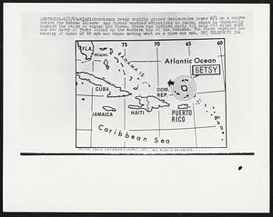 Miami: Hurricane Betsy rapidly gained destructive power 9/1 on a course toward the Bahama Islands and forced weather scientists to cancel plans to chemically bombard the storm to weaken its force. Storm was located early 9/1 only 250 miles east and due north of Turks Island on the eastern tip of the Bahamas. The storm regained intensity of winds of 80 mph and began moving west at a slow six mph.