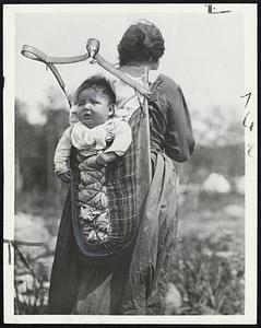 Hitch Hiker-This Papoose is occupying this "vehicle's" back seat as the Cree Indian squaw arrives in Minaki, Ontario, Canada, to get her share of fish before arrival of white visitors.