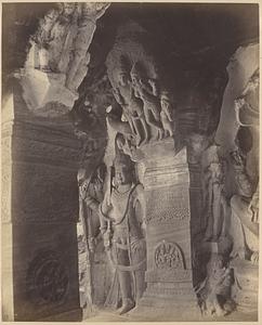 Pilaster and sculpture at left end of verandah of Cave III, Badami, Bijapur District