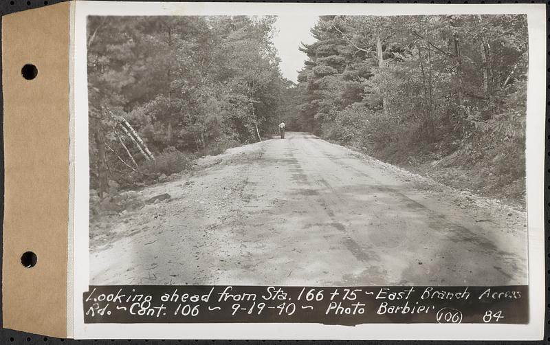 Contract No. 106, Improvement of Access Roads, Middle and East Branch Regulating Dams, and Quabbin Reservoir Area, Hardwick, Petersham, New Salem, Belchertown, looking ahead from Sta. 166+75, East Branch access road, Belchertown, Mass., Sep. 19, 1940