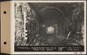Contract No. 14, East Portion, Wachusett-Coldbrook Tunnel, West Boylston, Holden, Rutland, timbering, dynamite car and pump, Shaft 3, Sta. 217+00+/-, Holden, Mass., May 5, 1930