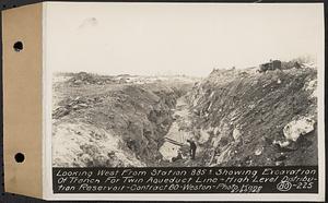 Contract No. 80, High Level Distribution Reservoir, Weston, looking west from Sta. 885+/- showing excavation of trench for twin aqueduct line, high level distribution reservoir, Weston, Mass., Feb. 27, 1940