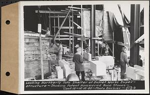 Contract No. 111, Winsor Dam Outlet Works Superstructure, Belchertown, looking northerly into shelter at outlet works superstructure, showing patent hammered base stones, Belchertown, Mass., Dec. 10, 1940