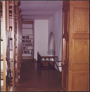 Lawrence Library, mezzanine (third floor), nonfiction stacks stairs, book lift on right