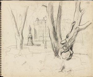 Sketch of Boston Public Garden with tree in foreground, statue in background