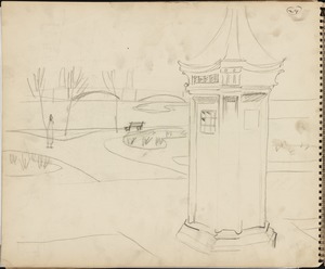 Sketch of Boston Public Garden, police call box in foreground