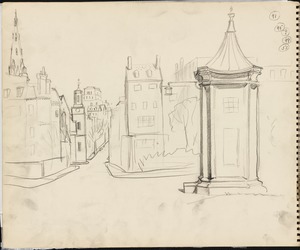 Sketch of police call box, Boston in background