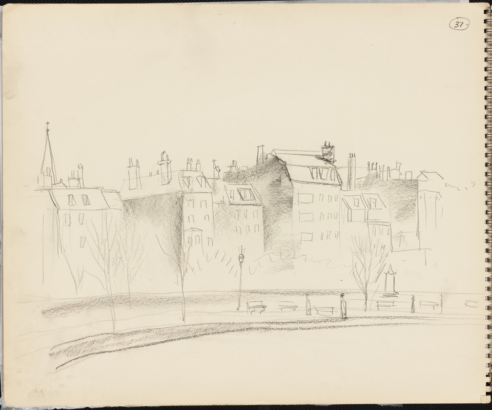Sketch of view of Boston from Boston Public Garden