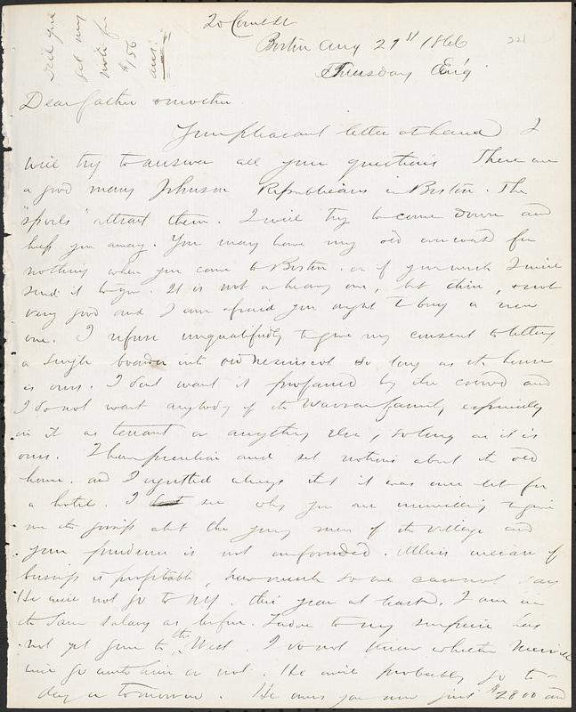 Letter from John D. Long to Zadoc Long and Julia D. Long, August 21, 1866