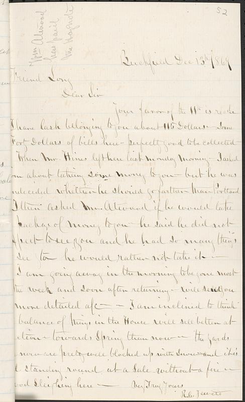 Letter from R.C. Jewett to John D. Long, December 13, 1869