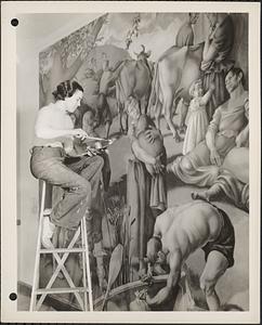 Elizabeth Tracy at work on mural "Settlement of Saugus"