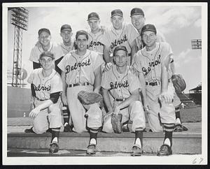 Detroit's Hopes for a Bright Baseball Future are based, more or less, on these players. Front row, left to right, are Reno Bertoia, Wayne Belardi, Frank House and Frank Bolling. Back row, Steve Gromek, Al Kaline, Harvey Kuenn, Bill Tuttle and Red Wilson.