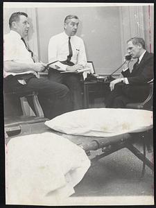 Mayor Kevin White keeps all-night vigil at City Hall in "cold crisis," cot set up in his office. Taking emergency calls with Mayor are Civil Defense Director Leslie Magoon, left, and Daniel J. Finn, Commissioner of Housing Inspection.