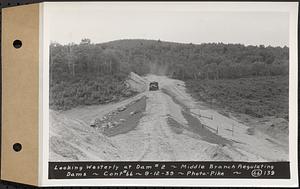 Contract No. 66, Regulating Dams, Middle Branch (New Salem), and East Branch of the Swift River, Hardwick and Petersham (formerly Dana), looking westerly at dam 2, middle branch regulating dams, Hardwick, Mass., Sep. 12, 1939