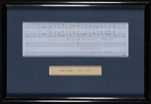 A framed score of music done in Lowell Mason's hand and dated 1858