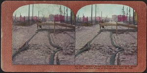 Mission Street car track and pavement, showing the resistless power of earthquake, April 18, 1906