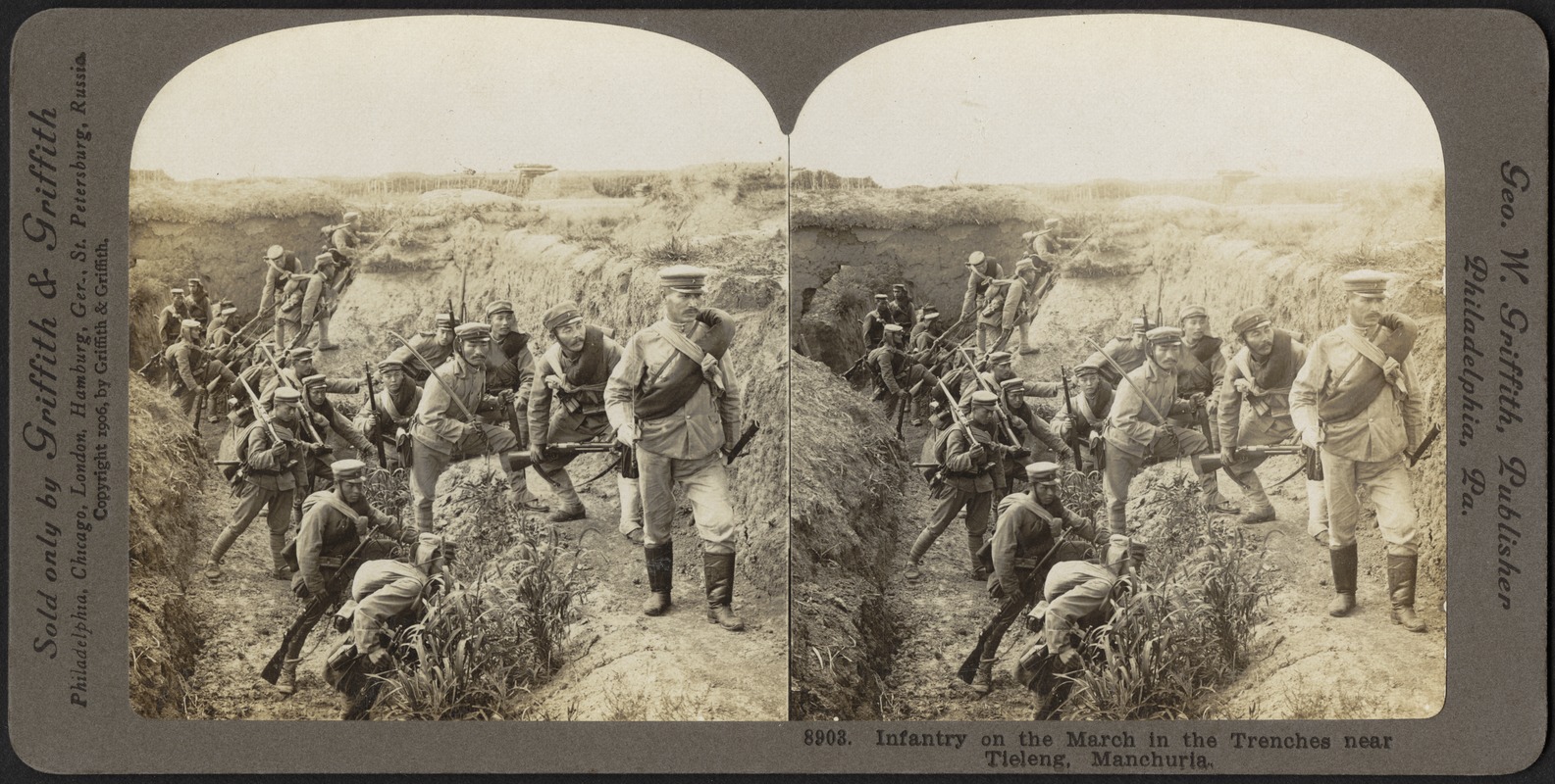 Infantry on the march in the trenches near Tieleng, Manchuria
