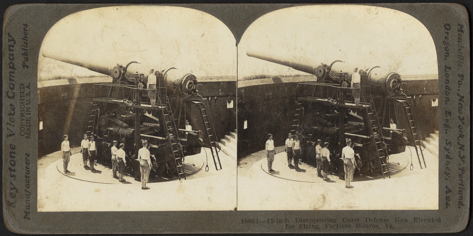 12-inch disappearing coast defense gun elevated for firing, Fortress Monroe, Va.