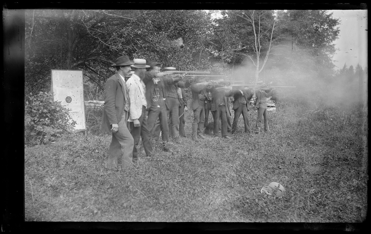 Members of the German Shooting Club (Schuetzenbrueder) firing rifles