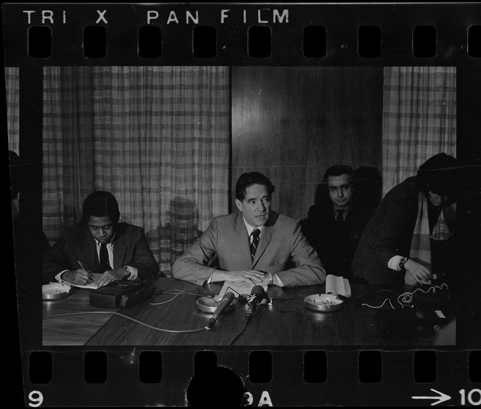 Brandeis University President Morris Abram at press conference during student protest