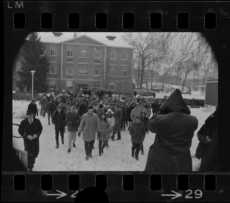 Brandeis University students gather outside the Bernstein-Marcus Administration Center in support of occupying Ford Hall students