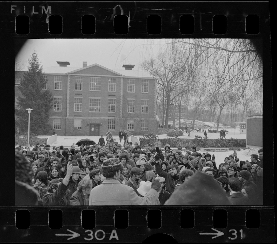 Brandeis University students gather outside the Bernstein-Marcus Administration Center in support of occupying Ford Hall students