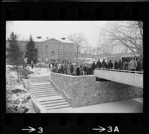 Crowd gathered outside Brandeis University administration building during student protest