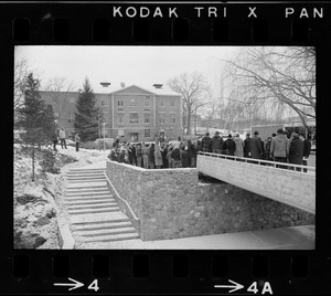 Crowd gathered outside Brandeis University administration building during student protest