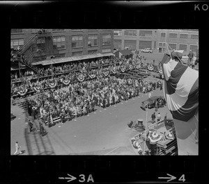 View of attendees and reviewing stand at christening ceremony for the USS Mount Vernon in Quincy