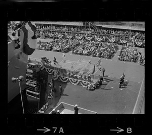 View of attendees and reviewing stand at christening ceremony for the USS Mount Vernon in Quincy