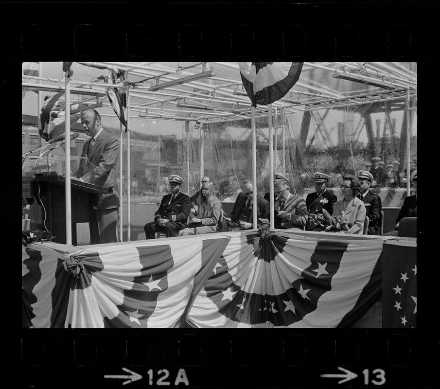 David S. Lewis, head of General Dynamics, speaking at christening ceremony of the USS Mount Vernon