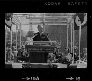 Barry J. Shillito, Assistant Secretary of Defense, speaking at christening ceremony of the USS Mount Vernon