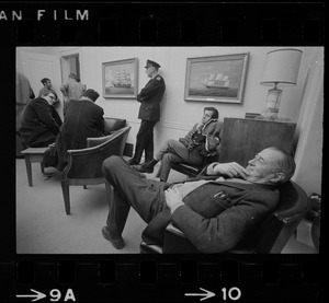 Men sitting in chairs in MIT President Johnson's during student demonstrations