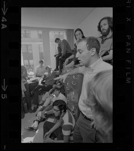 Students meeting in office E53-489 during MIT student demonstrations