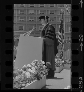 Boston University president John Silber speaks at his first Boston University graduation ceremony at Nickerson Field