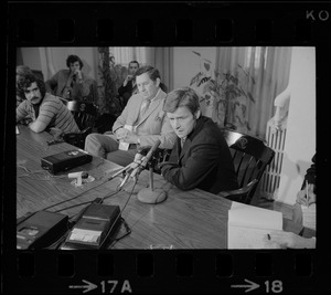 B.U. President John Silber speaks at a press conference after riots