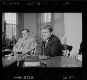 B.U. President John Silber speaks at a press conference after riots