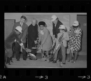 Taking part for the specially staged indoor groundbreaking ceremonies (a sand box was used) for Boston University's $20 million mental health center are from left: Karen Hayes, 10, of Roxbury; BU President John R. Silber; Community Board Chairman, Rev. Francis J. Gilday, S.J.; Mrs. Gertrude Cuthbert of Mashpee; Atty. Gen. Robert H. Quinn; David Vasquez, 8, of Castle Square; Mrs. Barbara Elam of Roxbury