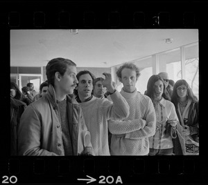 Brandeis University students gathered and listening during protests