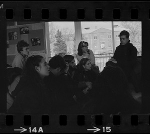 Group of students meeting inside building across from Ford Hall during the Brandeis University sit-in