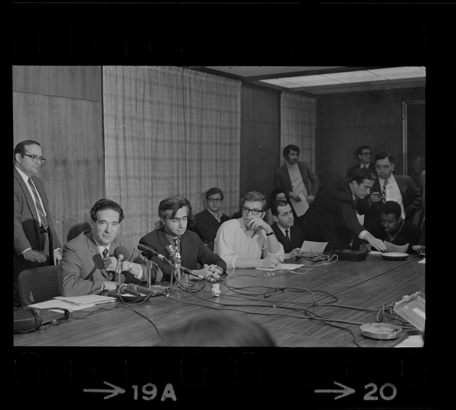 Brandeis University President Morris Abram at press conference during student protest