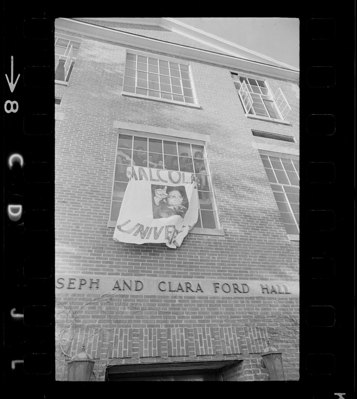 "Malcolm X University" banner hanging outside Ford Hall during Brandeis University sit-in